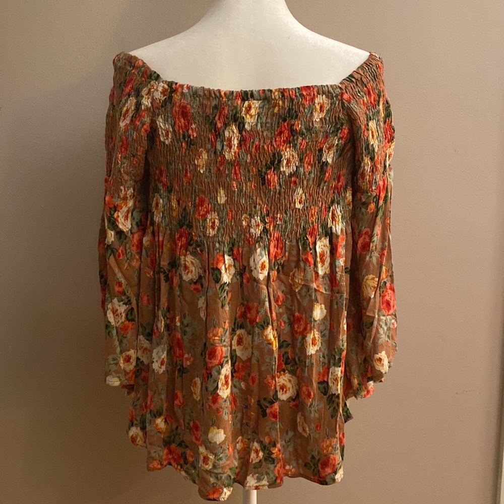 Angie Smocked Baby Doll Floral Bell Sleeve Blouse - Picture 3 of 11